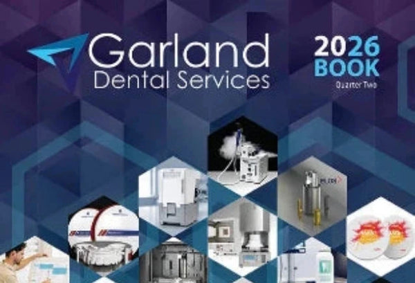 Garland Dental Services 2026 Book cover with images of dental equipment and products on a blue geometric pattern background.